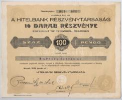 Marcali 1929. Hitelbank Részvénytársaság névre szóló tíz részvénye egyben, összesen 100P-ről, szárazpecséttel, szelvényekkel T:II fo.