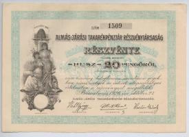 Bácsalmás 1926. Almás-Járási Takarékpénztár Részvénytársaság részvénye 20P-ről, szárazpecséttel, szelvényekkel T:II