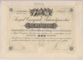 DN (1927) Szeged-Csongrádi Takarékpénztár névre szóló, öt darab részvénye egyben 500P-ről, szárazpecséttel, bélyegzéssel, szelvényekkel T:II kis szakadások