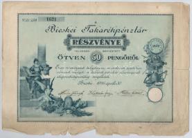 Bicske 1926. "Bicskei Takarékpénztár" részvénye 50P-ről, szárazpecséttel, szelvényekkel T:III,III- szakadás