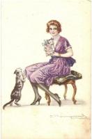 6 db régi olasz művészlap Bompard aláírásával / 6 pre-1945 Italian art postcards with the signature ...