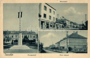 17 db régi városképes lap országzászlóval, Hősök szobrával, emlékmű / 17 pre-1945 town-view postcards with Hungarian flag, WWI Heroes monuments