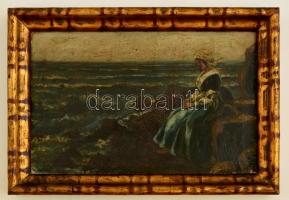 Jelzés nélkül: Merengő asszony a tengerparton. Olaj, vászon, keretben, 17×27 cm