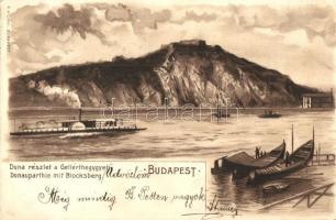 Budapest, Duna részlet a Gellértheggyel, gőzhajó. F. Vidéki litho (EK)