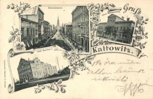1899 Katowice, Kattowitz; Holtzestrasse, höhere Mädchenschule, städt. Badehaus / street view, girls school, spa. G. Siwinna floral Art Nouveau + railway stamp