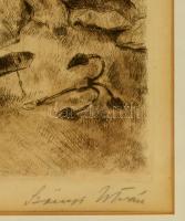 Szőnyi István (1894-1960): Várakozás, színezett rézkarc, papír, üvegezett fa keretben, 23×30,5 cm