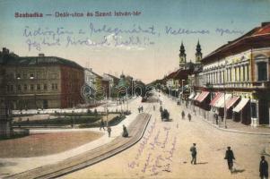 Szabadka, Subotica; Deák utca és Szent István tér, üzletek. Lipsitz kiadása / street view, square, shops