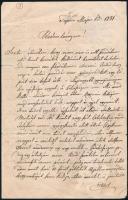 1881 Czink János (?-?) pápai városi kapitány levele lányához családi ügyekben, sérült