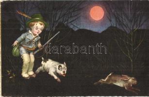 Hunter boy with dog chasing a rabbit s: Colombo (EK)