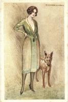 Lady with dog, Italian art deco postcard. Anna & Gasparini 530-6. s: T. Corbella
