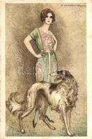 Lady with dog, Italian art deco postcard. Anna & Gasparini 530-5. s: T. Corbella