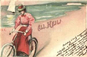 All Heil! Radfahrer / Lady riding a bicycle on the shore, Hollerbaum & Schmidt Kunstanstalt, Berlin N. 65. litho (EK)