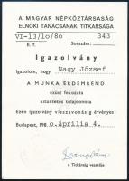 1980. "Munka Érdemrend ezüst fokozata" adományozói okirata