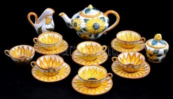 Napraforgómotívumos teás készlet, mázas kerámia, jelzett, kis kopásokkal: 7 db csésze + 6 db alj, d:...