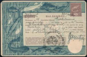 1944 Budapesti lakos számára kiállított halászjegy 5 P okmánybélyeggel / fishing ticket