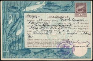 1934 Budapesti lakos számára kiállított halászjegy 5 P okmánybélyeggel / fishing ticket