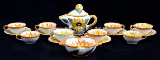 Napraforgómotívumos kávés készlet, mázas kerámia, jelzett, kis kopásokkal: 8 db csésze + 6 db alj, d...