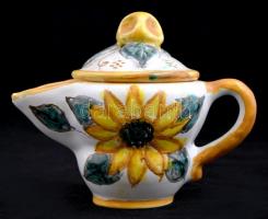 Napraforgómotívumos kávés készlet, mázas kerámia, jelzett, kis kopásokkal: 8 db csésze + 6 db alj, d...