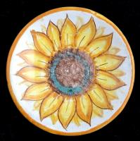 Napraforgómotívumos kávés készlet, mázas kerámia, jelzett, kis kopásokkal: 8 db csésze + 6 db alj, d...