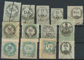 13 db klf okmánybélyeg látványos elfogazásokkal / document stamps with shifted perforations