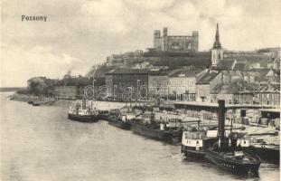 Pozsony, Pressburg, Bratislava; Kikötő hajókkal / port with steamships