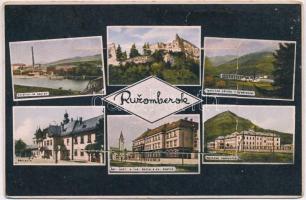 Rózsahegy, Ruzomberok; vasútállomás, textil és papírgyár, iskola, vár, leporellolap / railway station, textile and paper factory, school, castle, leporellocard (fl)