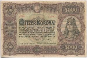 1920. 5000K "Orell Füssli Zürich" piros sorozat- és sorszám T:III- ly. Hungary 1920. 5000 Korona "Orell Füssli Zürich" with red serial number C:VG hole Adamo K38