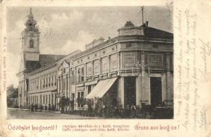 Lugos, Lugoj; utcakép, Amigo kávéház, Római katolikus templom. Auspitz Adolf kiadása / street view, café, church (fa)