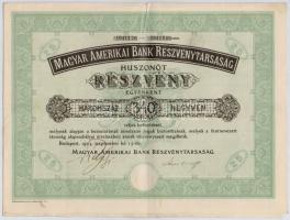Budapest 1923. Magyar Amerikai Bank Részvénytársaság huszonöt részvénye egyben, összesen 8500K értékben, szárazpecséttel, szelvényekkel T:II