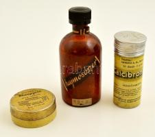 cca 1940 Calcibronat, Rheopyrin, Bayrum fém és üveg gyógyszer dobozok, d:5,5 cm, m:9-11 cm