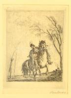 Rudnay Gyula (1878-1957): Lovas a pusztában. Rézkarc, papír, jelzett, üvegezett keretben, 19x15 cm