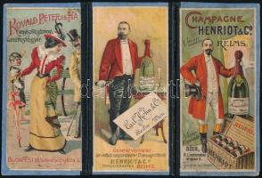 cca 1900-1910 6 db pezsgős témájú litografált számolócédula leporello-ra kasírozva, Rovald Péter és Fia, Champagne Henriot&C. Reims (3db), Champagne Duc de Montebello, Carl Kohn&C. Berlin-Wien, 6x13 cm és 6.5x14 cm közötti méretben.