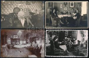 cca 1930 Enteriőrök, családi csoportképek, 4 db fotó, egy részük hátulján feliratozva, 9×14 cm