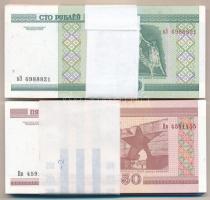 Fehéroroszország 2000. 50R (~100x) kötegelőben, nagyrészt sorszámkövetők + 2000. 100R (~100x) Nemzeti Bank Fehéroroszország 2013. Május 27. eredeti banki kötegelőben, sorszámkövetők T:I,I-  Belarus 2000. 50 Rublel (~100x) in banknote wrapper, mainly sequential serials + 2000. 100 Rublel (~100x) National Bank Belarus 27. May 2013. in original banknote wrapper, sequential serials C:UNC,AU Krause 25., 26