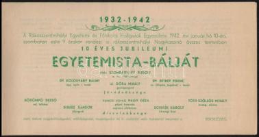 1942 Jubileumi Egyetemista Bál meghívója 6p