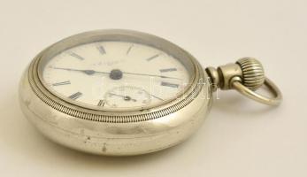 Elgin másodpercmutatós fém tokos zsebóra, működik, zománc számlappal, jó állapotban