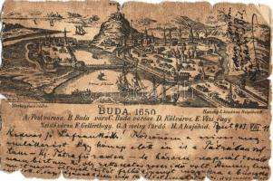 Budapest, a város 1650-ben, Buda vára, Külváros, Vizi- vagy Zsidó város, Gellérthegy, Meleg fürdő, Hajóhíd, Kaucky L. kiadása Prágában (r)