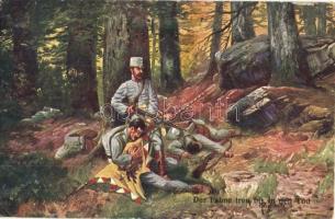 K.u.K. hadsereg művészeti képeslap, s: M. Duschnitz, Der Fahne treu bis in den Tod / WWI K.u.k. military art postcard s: M. Duschnitz + K.u.K. Infanterie-Regiment Kaiserin und Königin Maria Theresia Nr. 32.