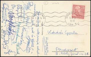 1951 A magyar vívócsapat által aláírt képeslap Gerevich Aladár, Palacz, Meszlényi, Bercelly, Elek Ilona, Elek Margit, Nyári Magda, Kovács Pál.