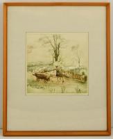 Dudás Jenő (1900-1991): Táj szekérrel. Rézkarc, papír, jelzett, üvegezett keretben, 29×29 cm