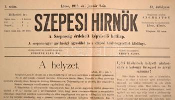 1915 a Szepesi Hírnök 53. évf. 1. lapszáma (január 2.), érdekes aktuális hírekkel