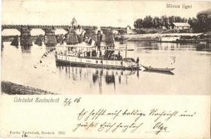 1906 Szolnok, Móricz liget, Sirály csavaros vontató gőzhajó. Fuchs Testvérek kiadása