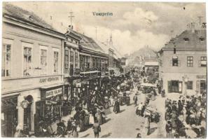 Veszprém, utcakép piaccal, Ásványvíz raktár, Bakos Kálmán üzlete (Rb)