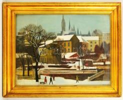 Mácsai István (1922- 2005): Vár alatt. Olaj,farost, jelzett, üvegezett keretben, 60×80 cm