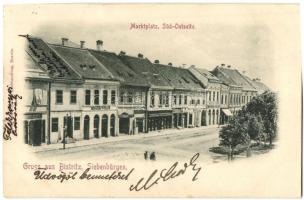 Beszterce, Bistritz, Bistrita; Piac tér, Gustav Graef, Carl Binder és J. Thalmayer üzlete / market square with shops