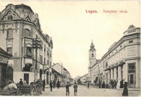 Lugos, Lugoj; Templom utca, Kávéház, útépítés / street view with cafe, road construction
