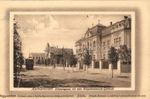 Nagyszeben, Hermannstadt, Sibiu; Schewis utca, Hadtestparancsnokság palota, villamos / street view with tram, army headquarters