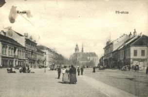 Kassa, Kosice; Fő utca, Adriányi és Markó üzlete, piaci árusok / main street, shops, vendors