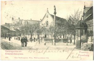 1899 Pozsony, Pressburg, Bratislava; Vármegyeház tér, háttérben a vár, Kertész Tódor reklám. gránátrepesz által sérült lap / Komitatshausplatz / county hall square, castle (damaged by grenade fragments) (b)