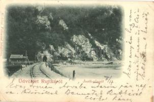 1899 Ruttka, Vrutky; Justh vasúti alagút, Moskóczi Ferencné kiadása. gránátrepesz által sérült lap / railway trunnel (damaged by grenade fragments) (b)